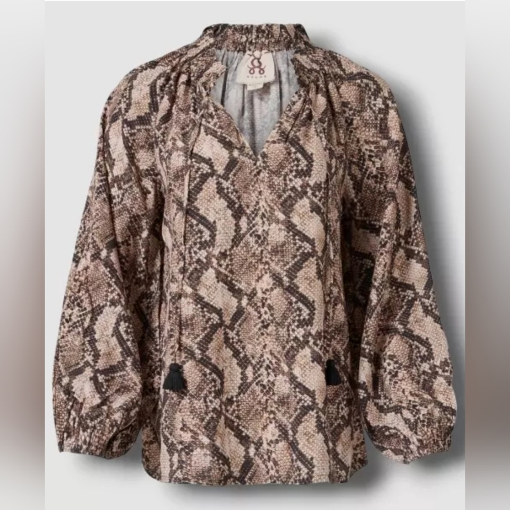 Figue Blouse Lilah Beige Snakeskin Print Womens Medium Long Puff Sleeves Tassel - Picture 3 of 14